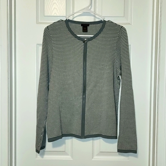 ANN Taylor Factory Teal and White Zippered Cardigan, Size Large - Picture 1 of 5